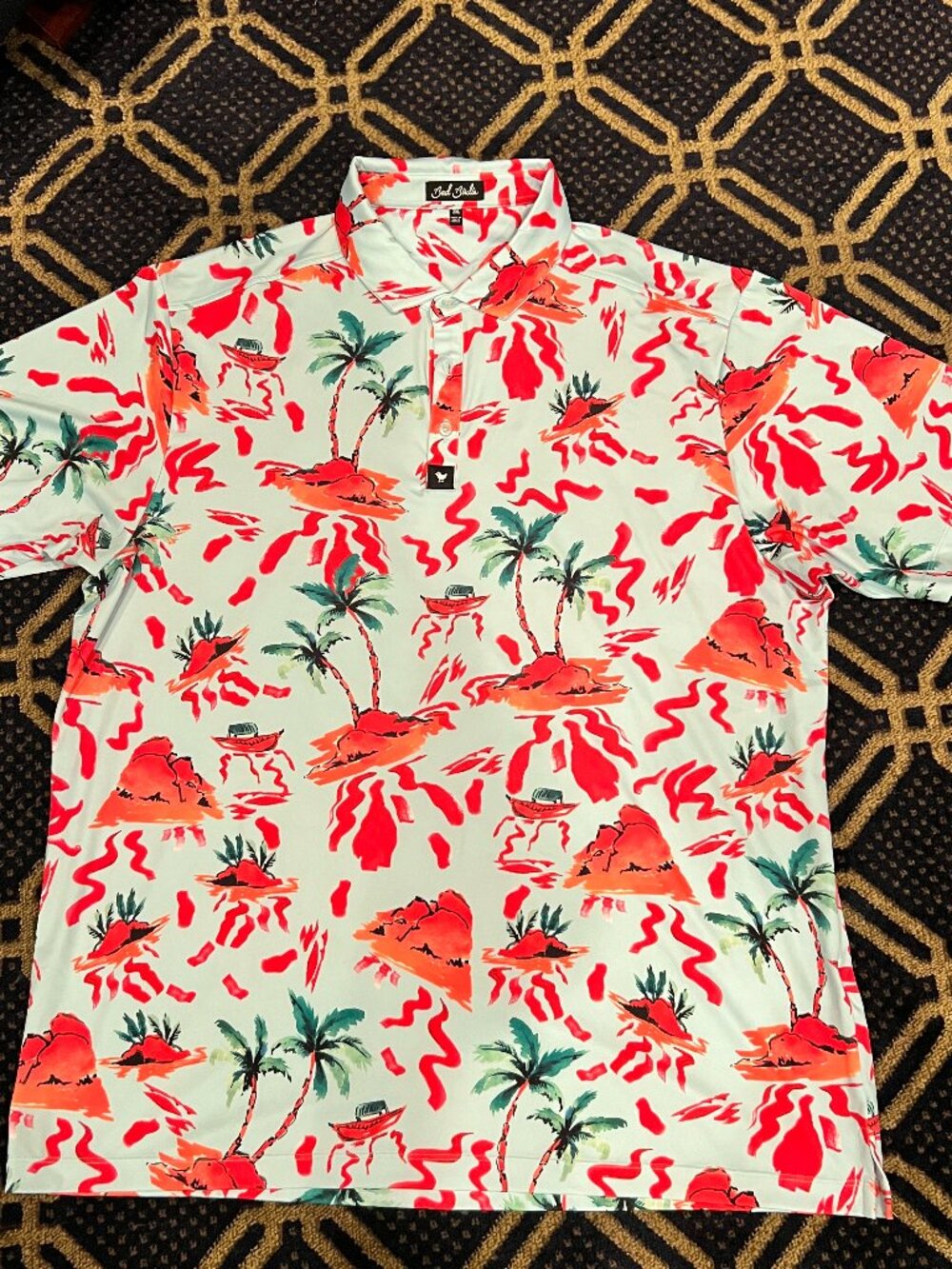 Bad Birdie Men’s 2XL Tropical Island Golf Polo Red Aqua Palm Tree Performance